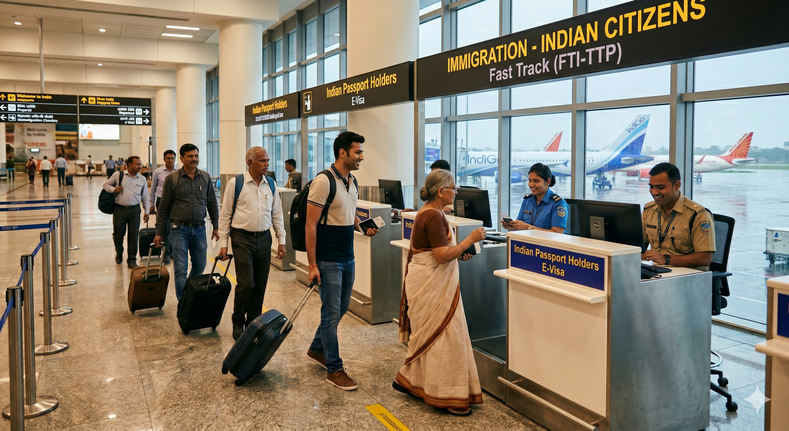 Indian travellers at the immigration desk at the airport